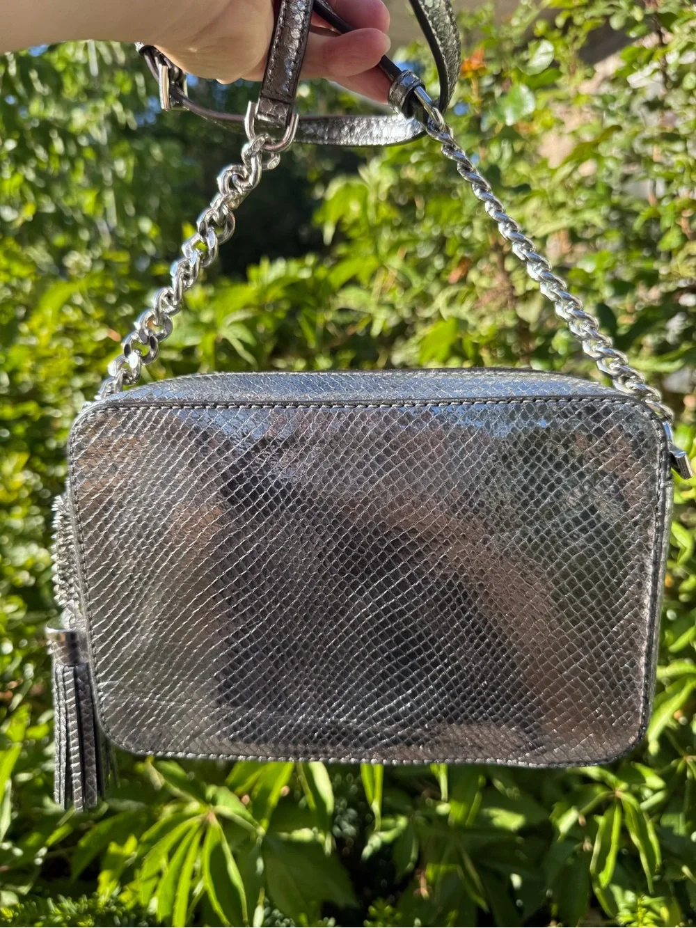 Michael Kors Ginny Metallic Pewter Snakeskin Camera Crossbody Bag READ DESC.